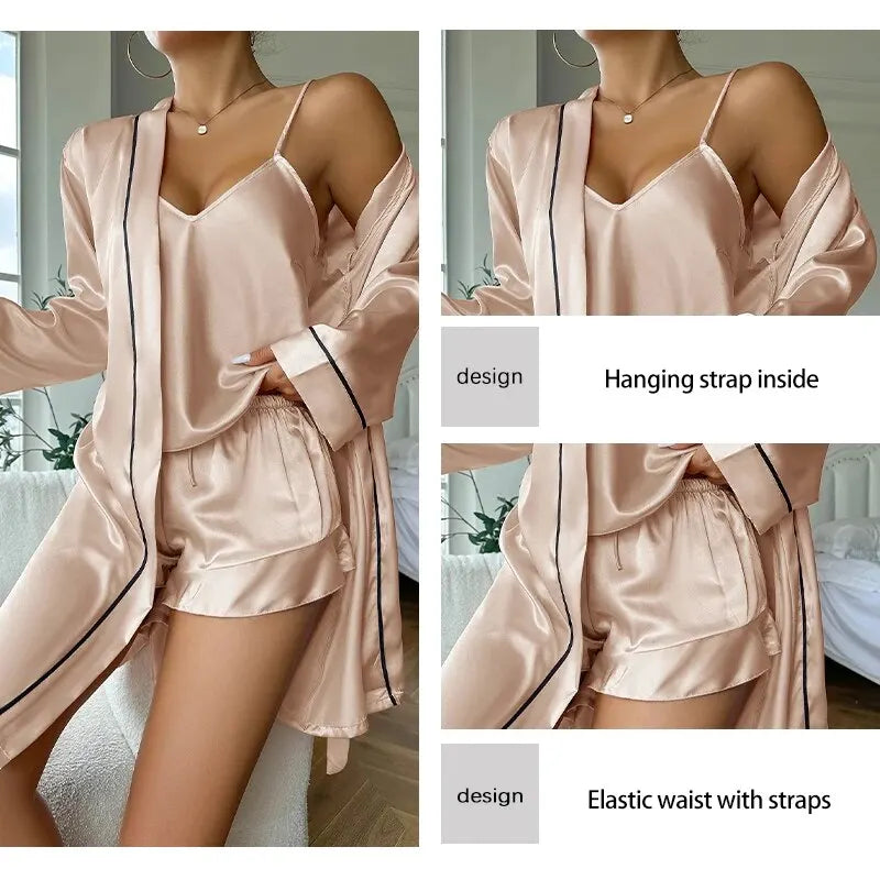 Women's Loungewear & Sleepwear V Neck Slip Dress & Long Sleeve Night Robe House Robe With Belt Solid Satin Pajama Set