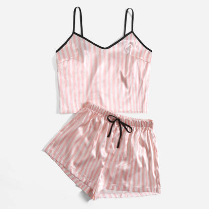 Women New Fashion Sexy Stripe Pajama Set Women's 2 Pieces Sleepwear Pyjamas Silk Satin Cami Top and Shorts Pajamas for Women
