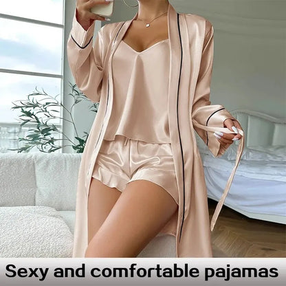 Women's Loungewear & Sleepwear V Neck Slip Dress & Long Sleeve Night Robe House Robe With Belt Solid Satin Pajama Set