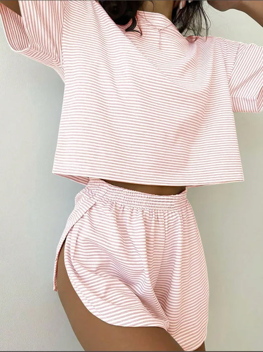 Women's Striped Pajamas Set, Short Sleeved T-shirt And Shorts, Women's Pajamas 2-piece Set, Home Casual Loose Fit