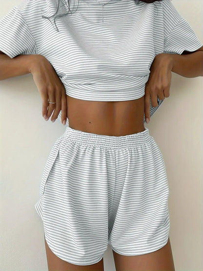 Women's Striped Pajamas Set, Short Sleeved T-shirt And Shorts, Women's Pajamas 2-piece Set, Home Casual Loose Fit